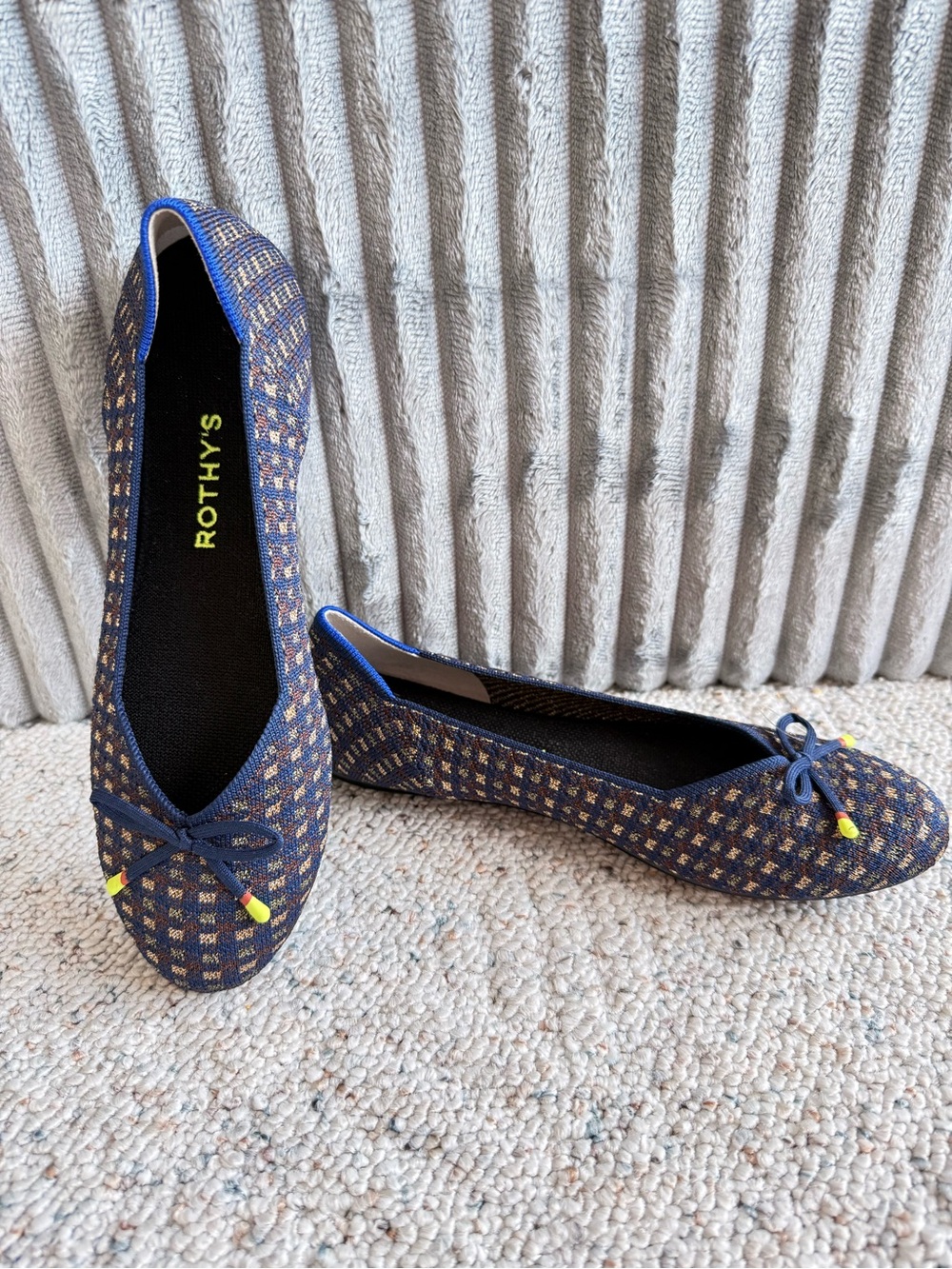 Rothy's The Bow Flat Evening Metallic Blue & Gold Plaid Size 8.5